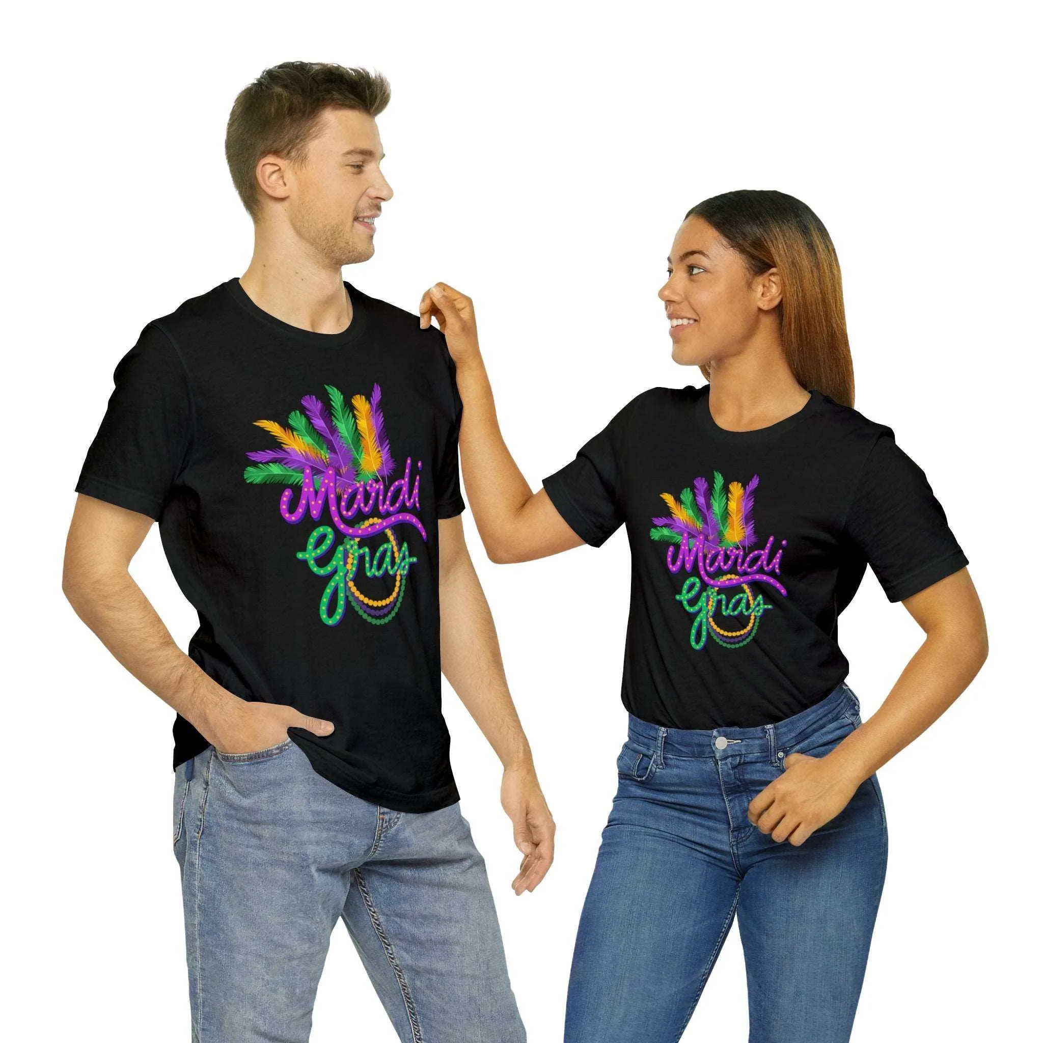 Mardi Gras T-Shirt for February Party, Beads, Feathers - Unisex Bella Canvas Shirt