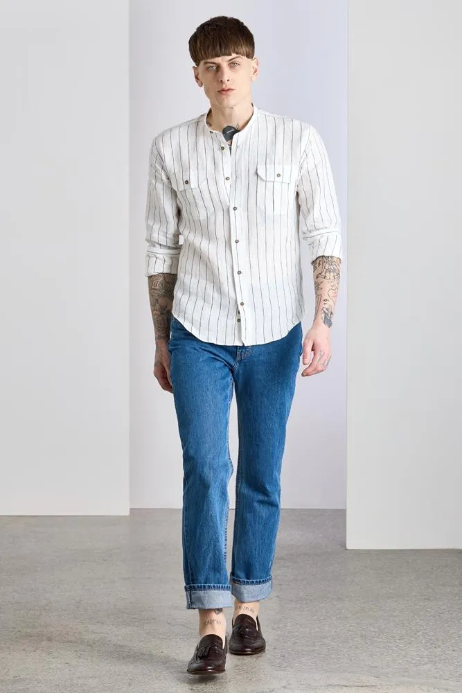 Massimo Shirt - White and Navy Pinstripe Linen