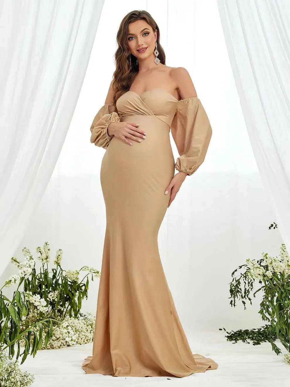 Maternity Off Shoulder Lantern Sleeve Mermaid Dress