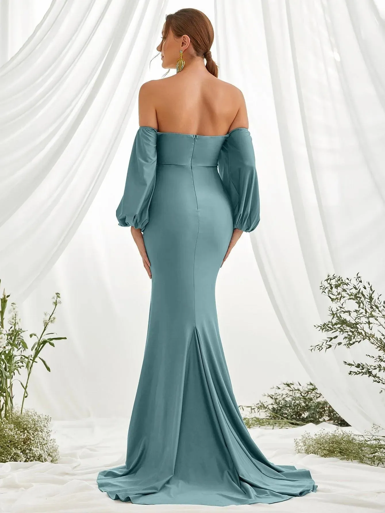 Maternity Off Shoulder Lantern Sleeve Mermaid Dress