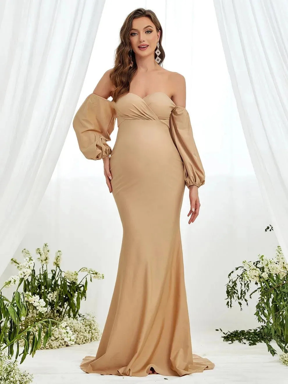 Maternity Off Shoulder Lantern Sleeve Mermaid Dress