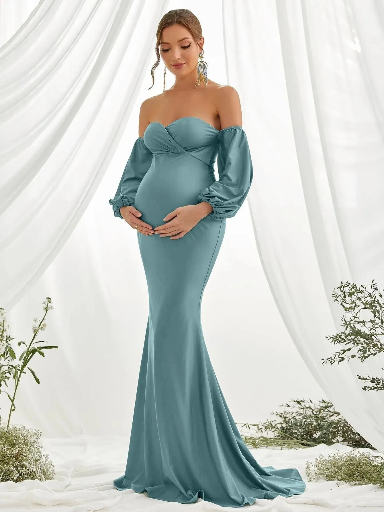 Maternity Off Shoulder Lantern Sleeve Mermaid Dress