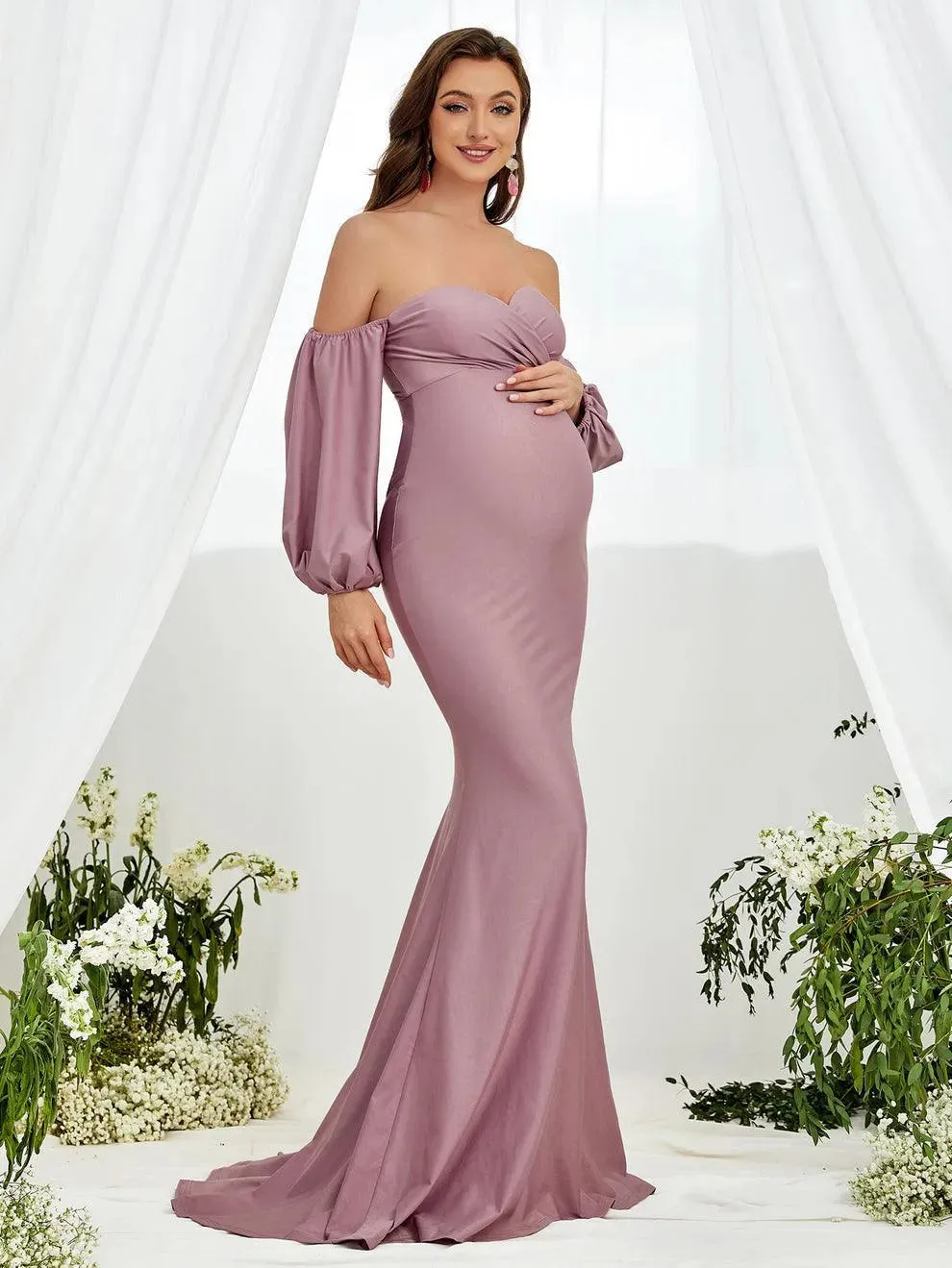 Maternity Off Shoulder Lantern Sleeve Mermaid Dress