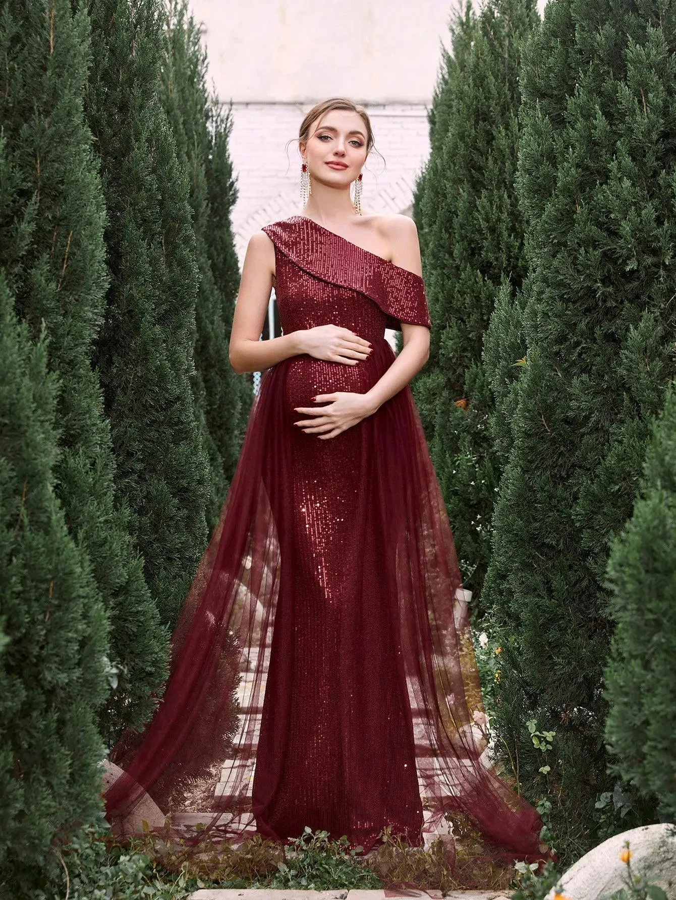 Maternity Sloping Collar Mesh Overlay Sequin Formal Dress