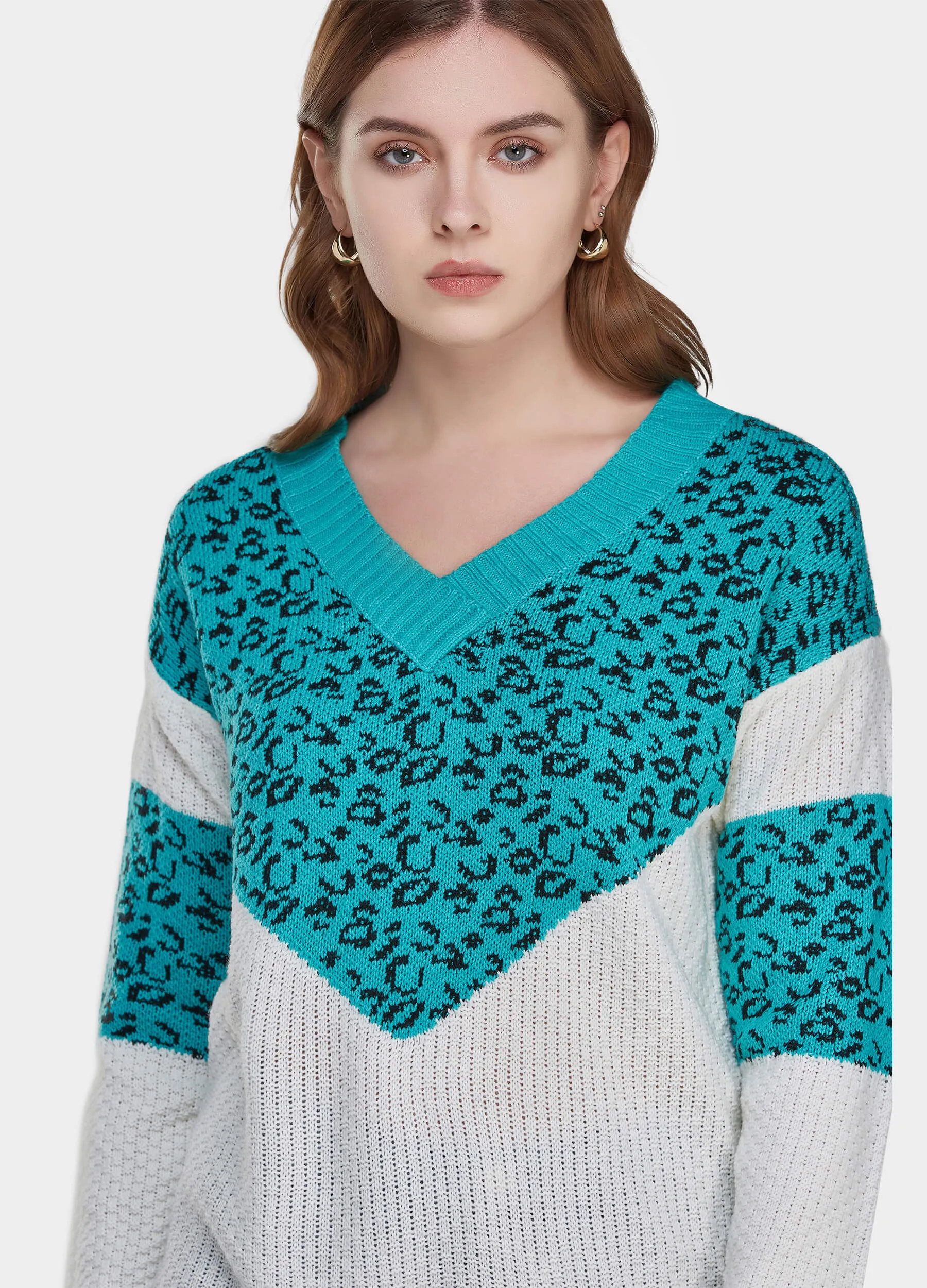 MECALA Women's Fall V-Neck Leopard Print Knit Pullover Sweater