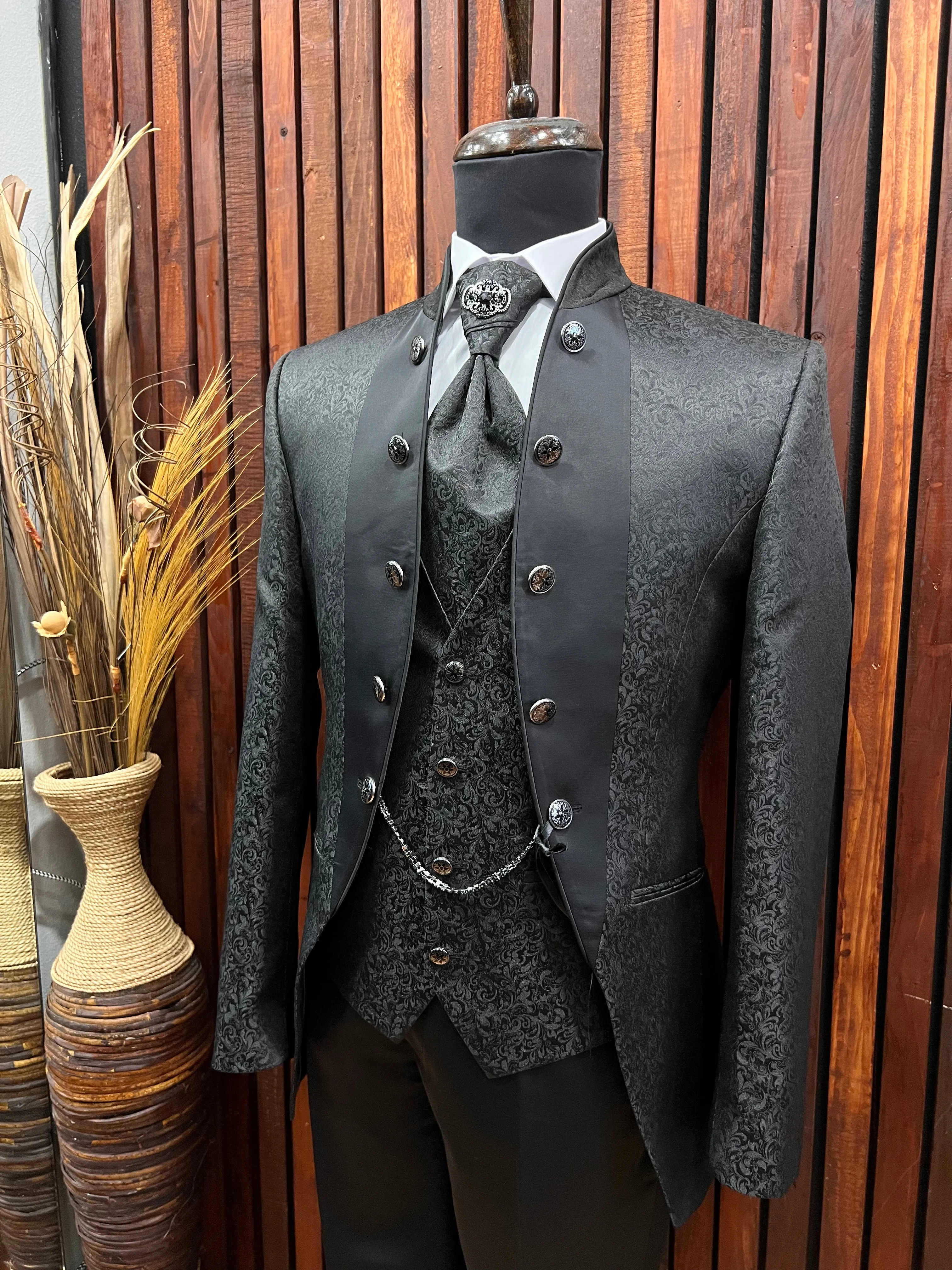 Men's Black Floral Tuxedo with Mandarin Collar | Unique Formal Attire