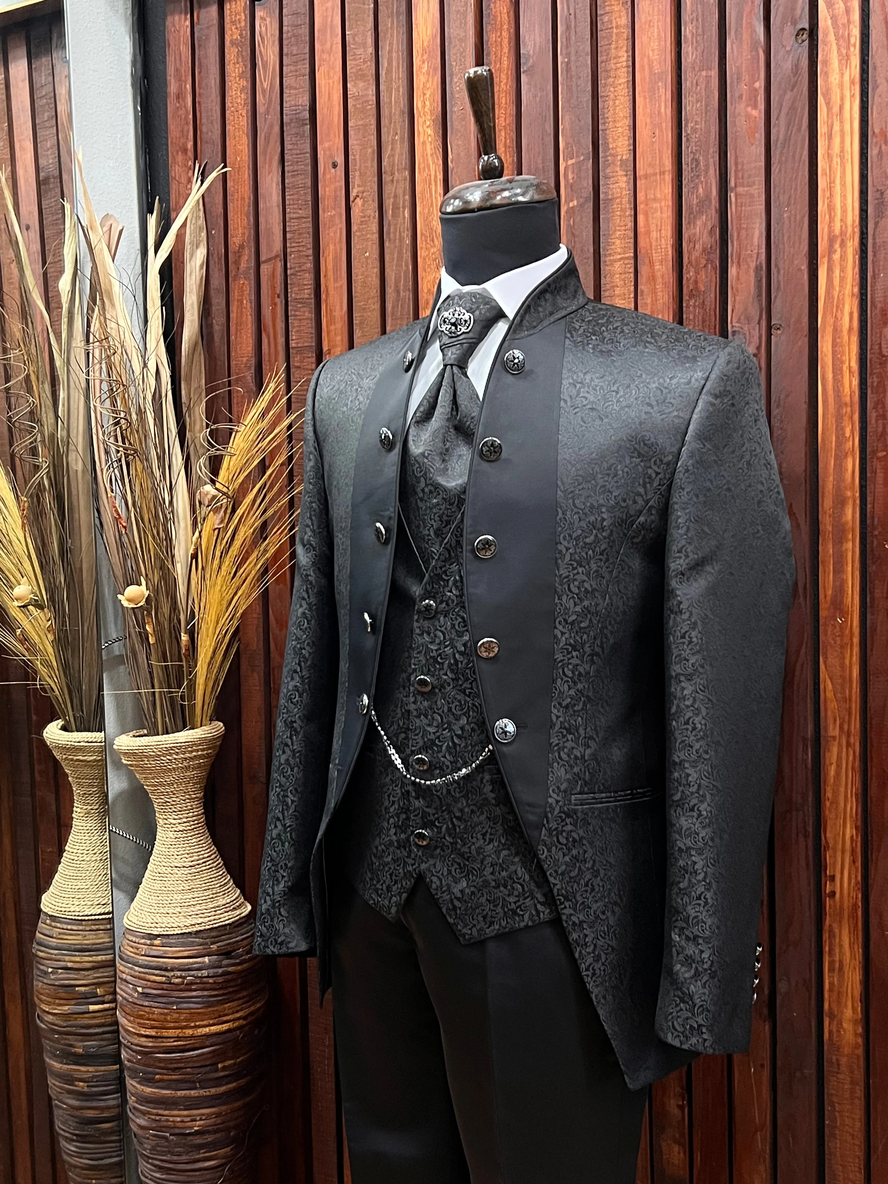 Men's Black Floral Tuxedo with Mandarin Collar | Unique Formal Attire