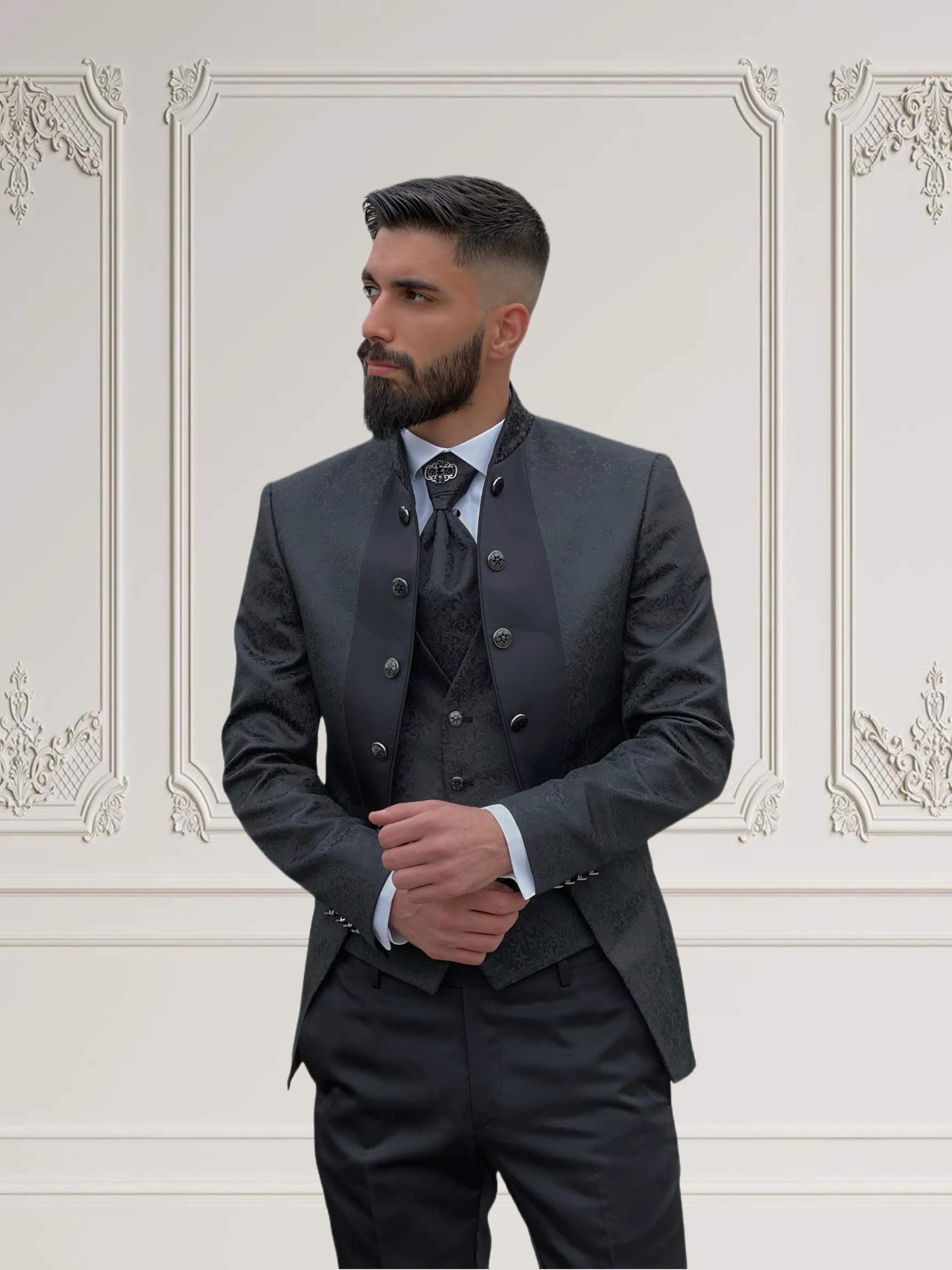 Men's Black Floral Tuxedo with Mandarin Collar | Unique Formal Attire