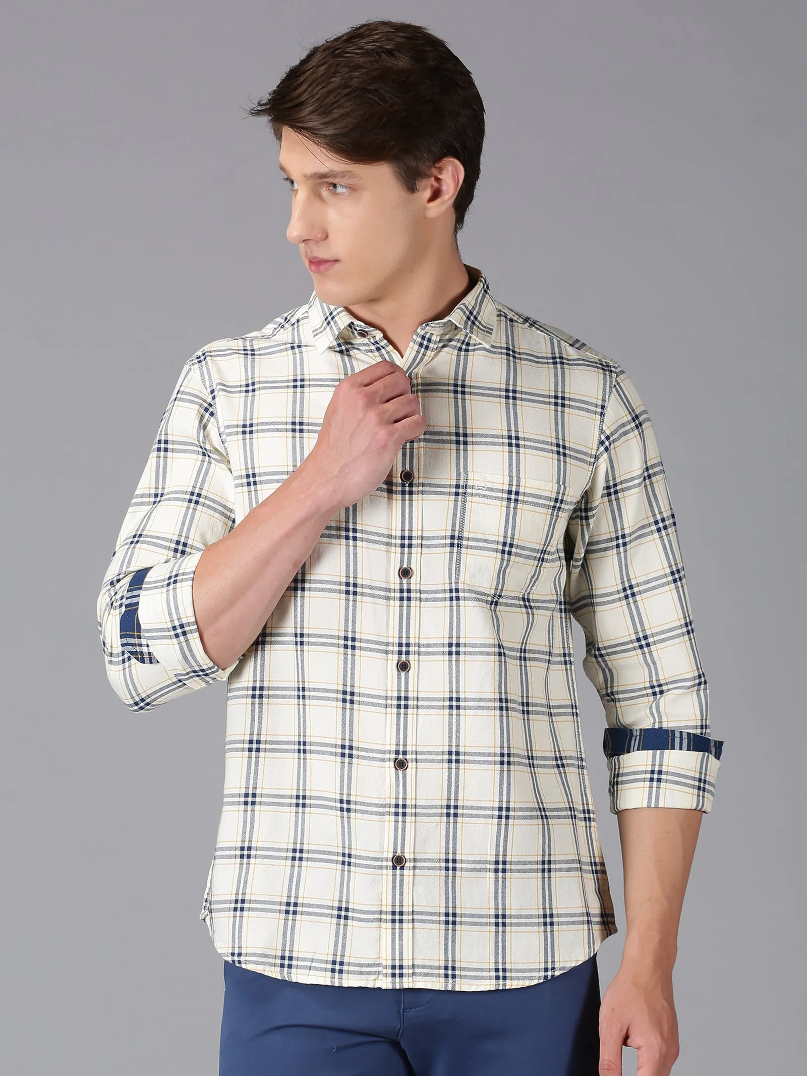 MEN'S ECRU CHECK SLIM FIT SHIRT