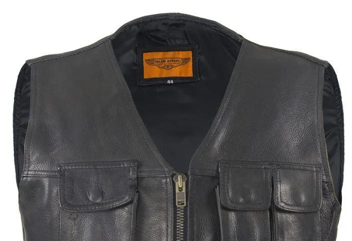 Mens Leather Cargo Vest With 9 Pockets, MV800-11-DL