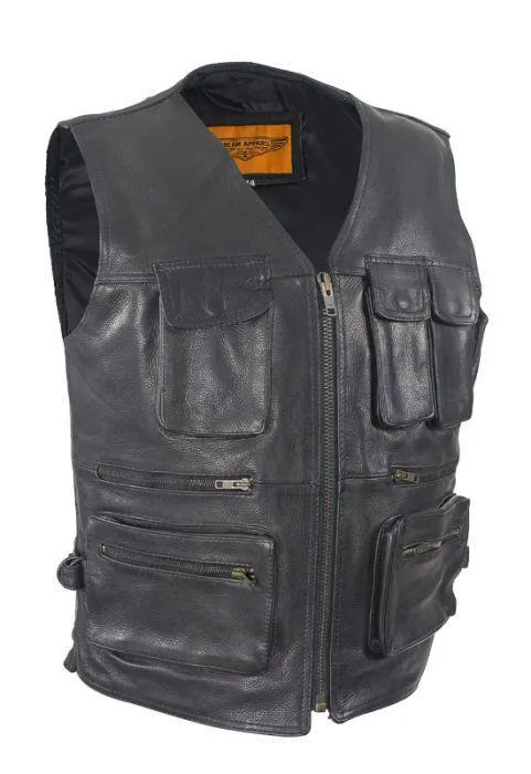 Mens Leather Cargo Vest With 9 Pockets, MV800-11-DL