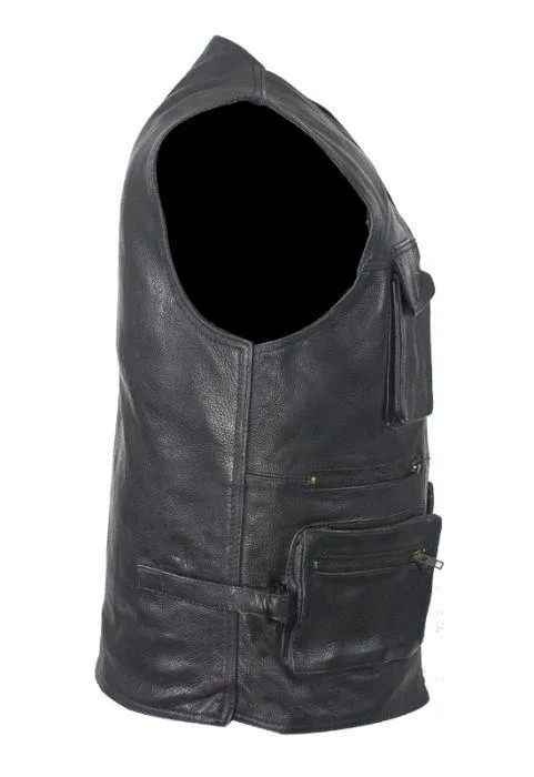 Mens Leather Cargo Vest With 9 Pockets, MV800-11-DL