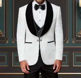 Men's White Floral Tuxedo with Black Velvet Shawl Lapel | Elegant Formal Attire