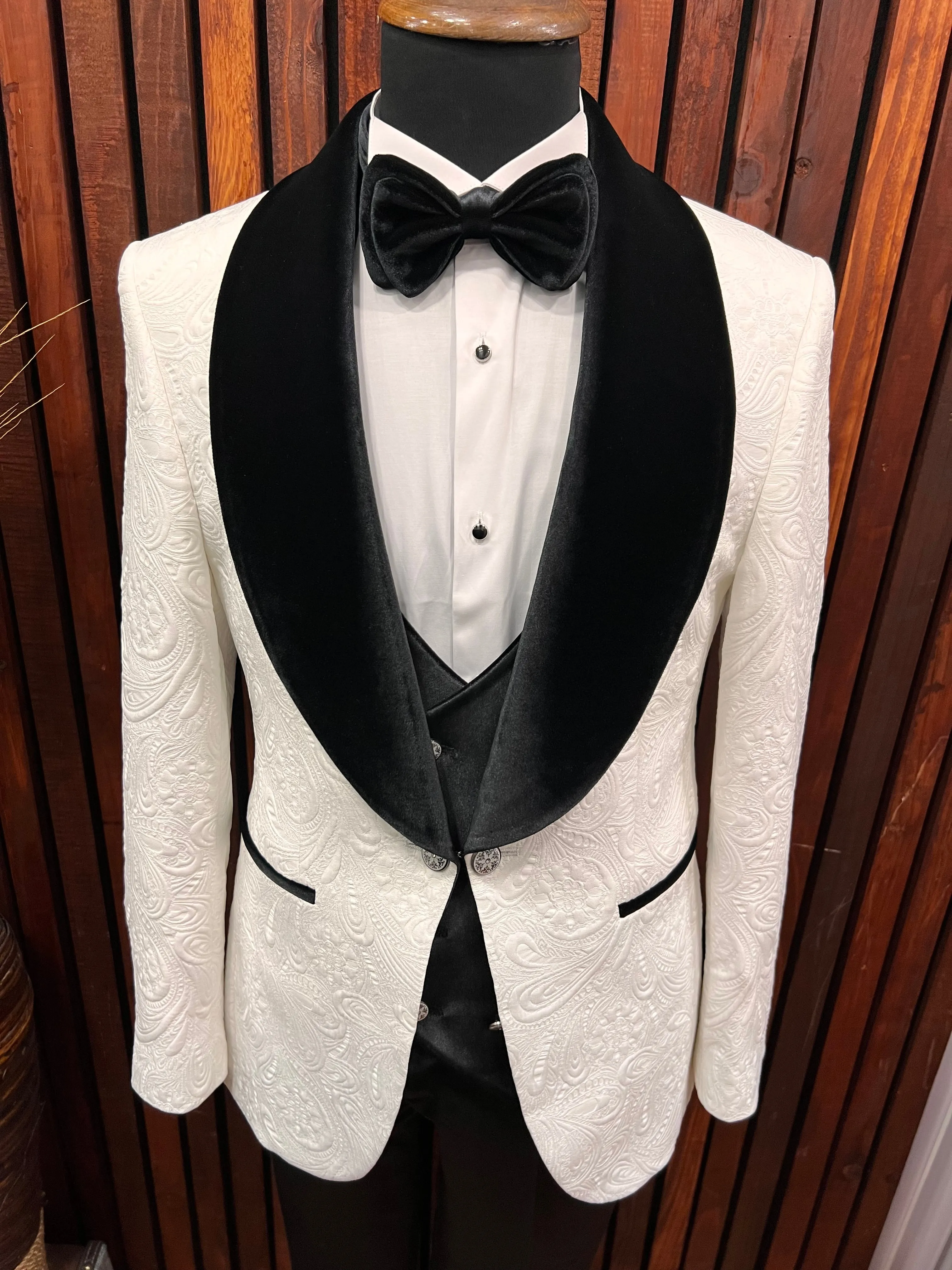 Men's White Floral Tuxedo with Black Velvet Shawl Lapel | Elegant Formal Attire