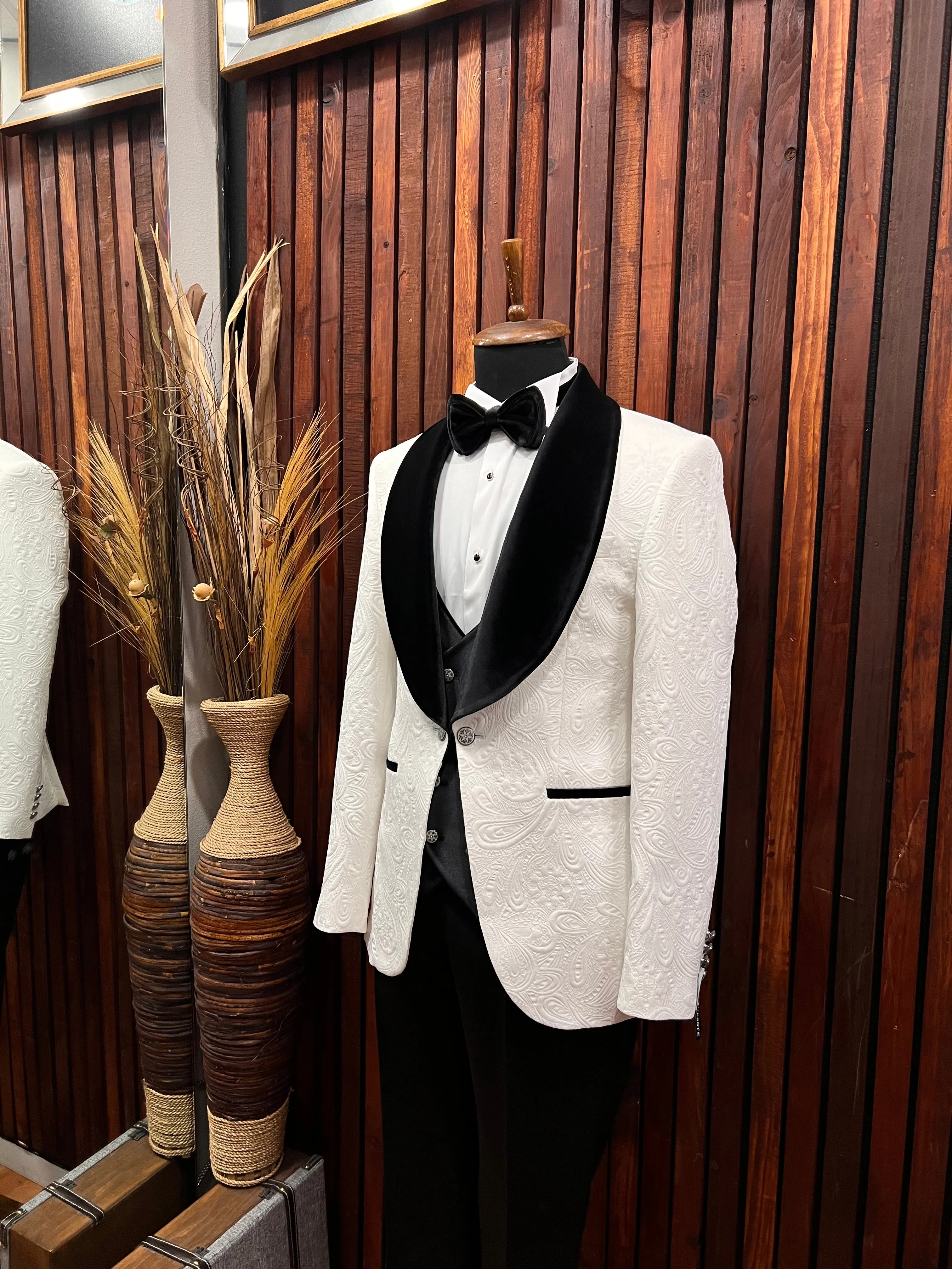 Men's White Floral Tuxedo with Black Velvet Shawl Lapel | Elegant Formal Attire