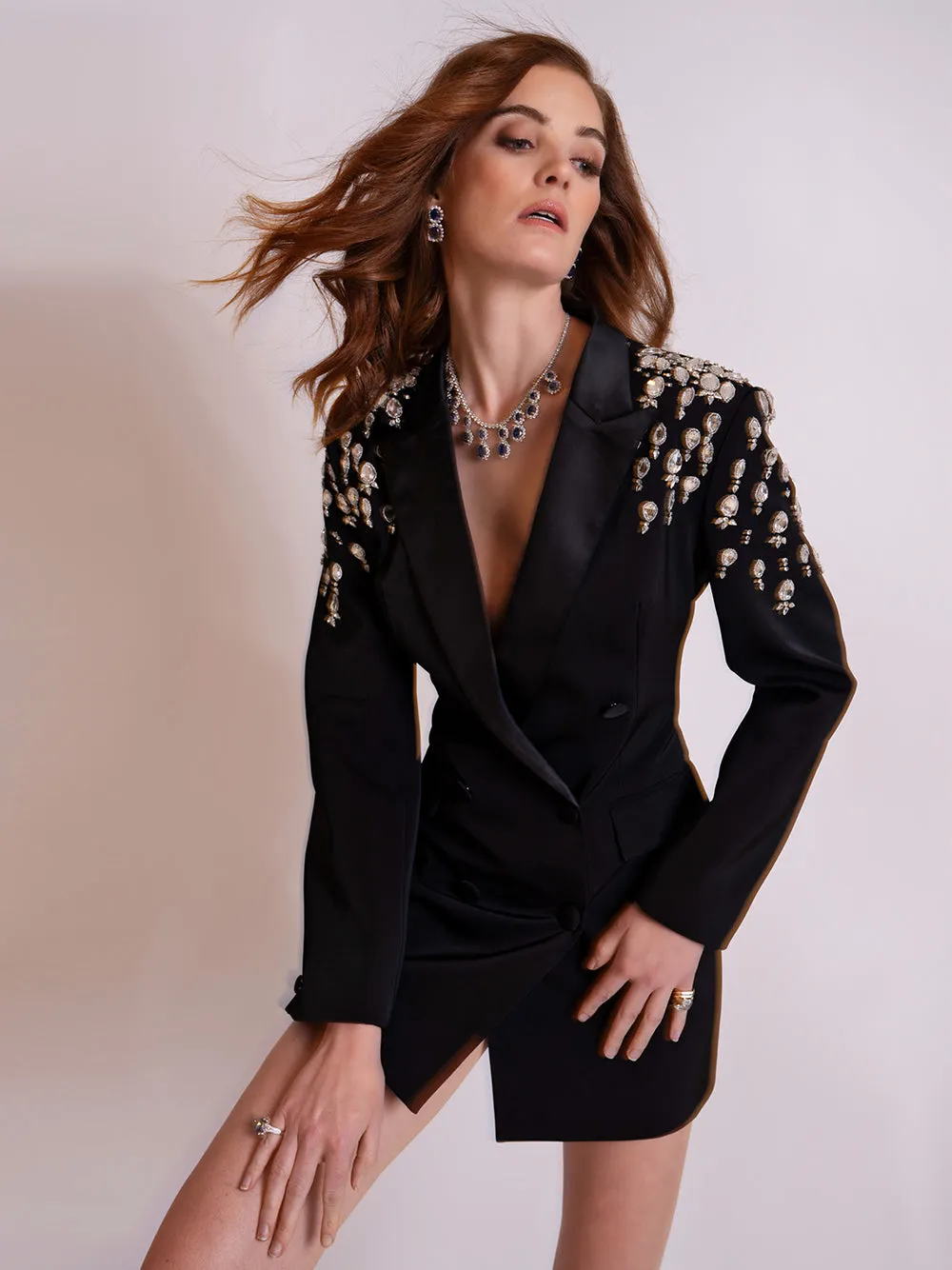 MESSA Beaded Cady Mini Blazer Dress in Black