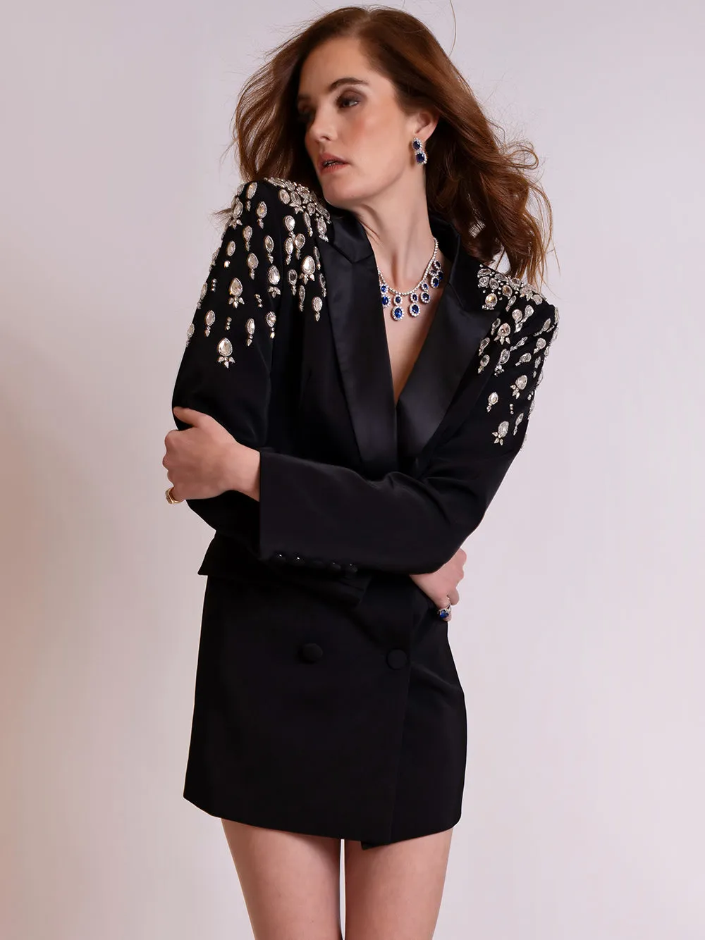 MESSA Beaded Cady Mini Blazer Dress in Black