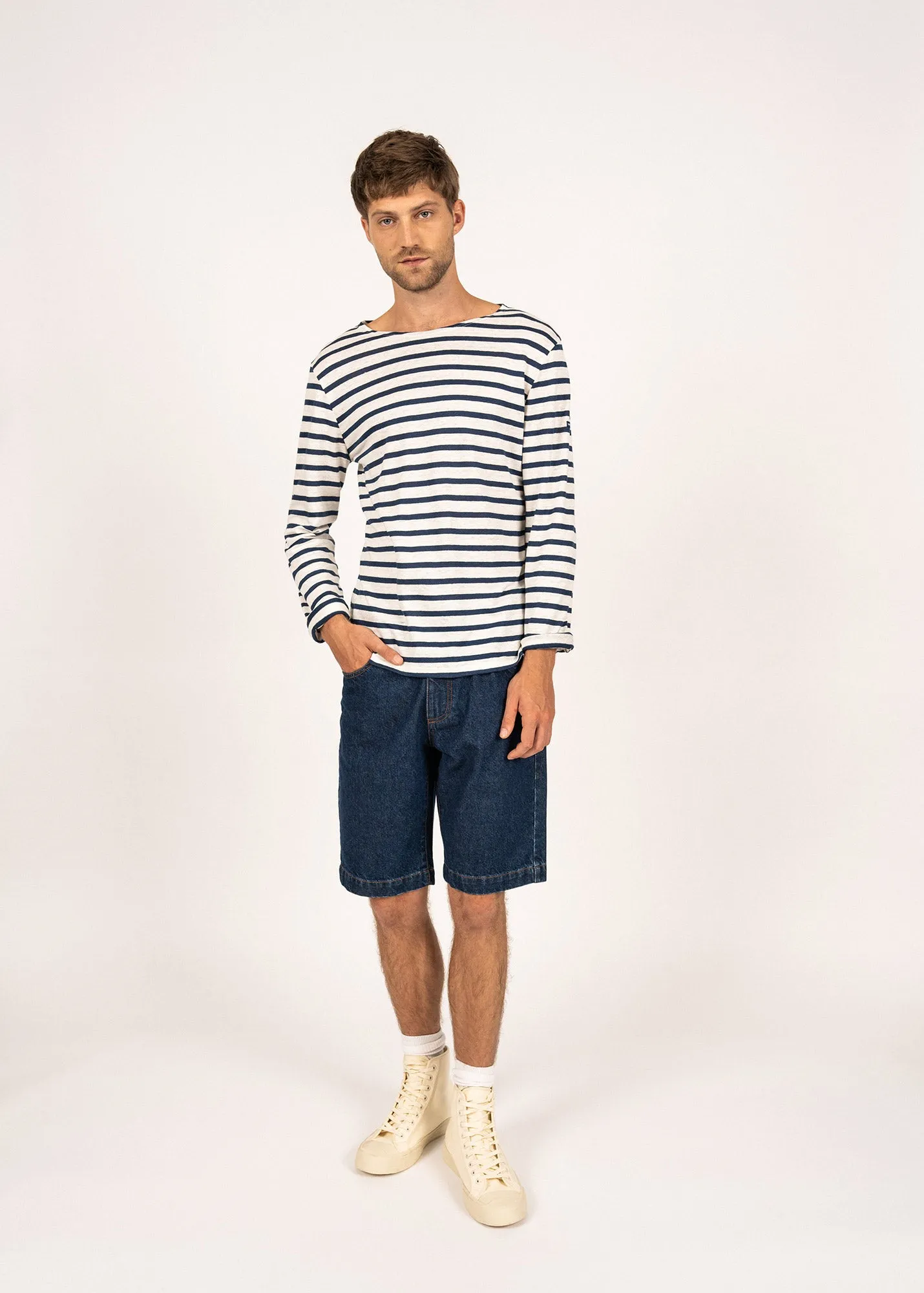 Minquiers iconic sailor striped shirt - in Norman linen (NEIGE/MARINE)