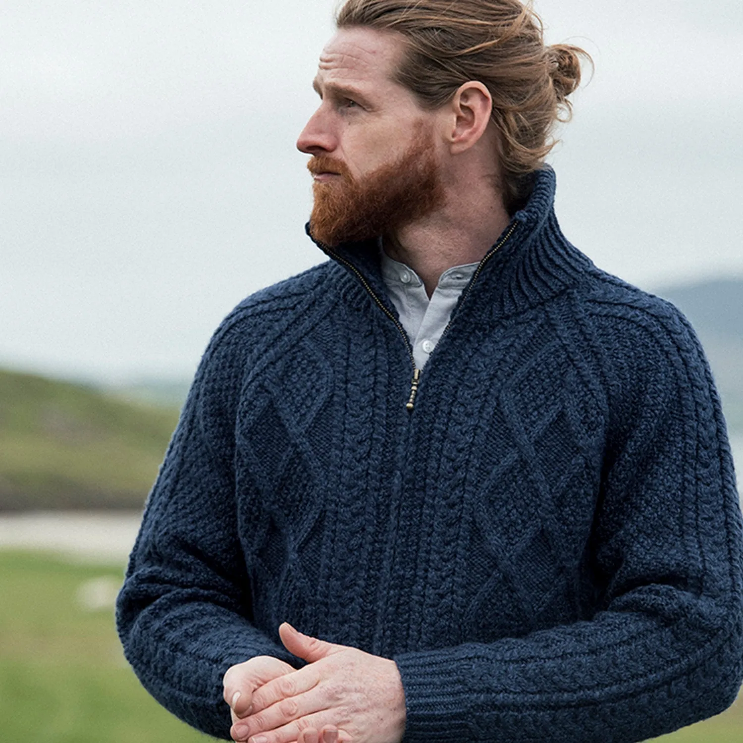 Navy Unisex Hand Knit Aran Zip Cardigan