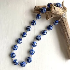 Necklace with byzantine periwinkle, dark blue and white gold Murano glass medium lentil beads