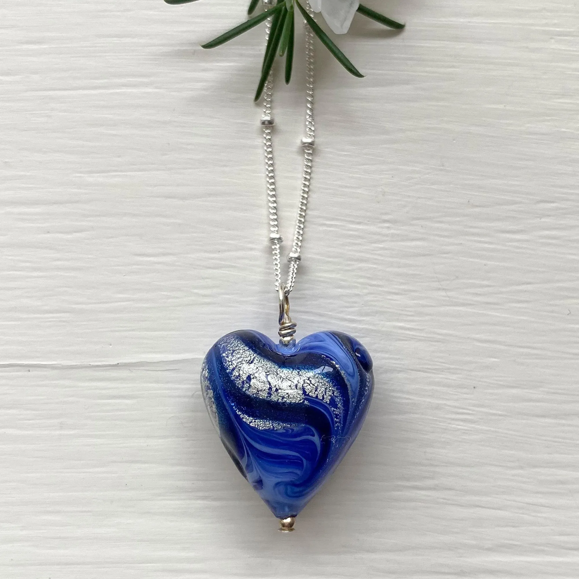 Necklace with byzantine periwinkle Murano glass medium heart pendant on silver chain