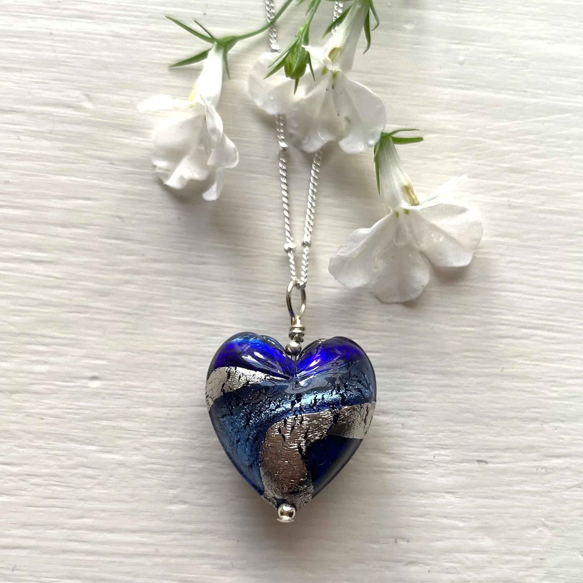 Necklace with dark blue and cornflower swirl Murano glass medium heart pendant on silver chain