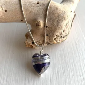 Necklace with purple velvet and violet swirl Murano glass small heart pendant on silver chain