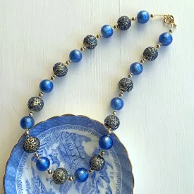 Necklace with speckled cornflower blue and cornflower blue Murano glass sphere beads