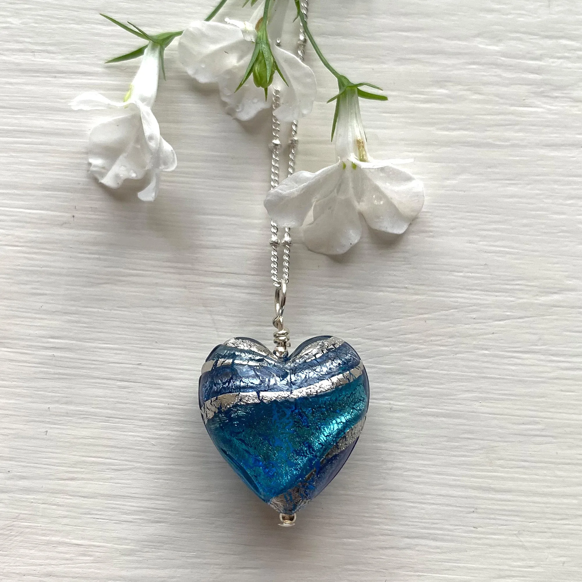 Necklace with turquoise and cornflower blue swirl Murano glass medium heart pendant on silver chain