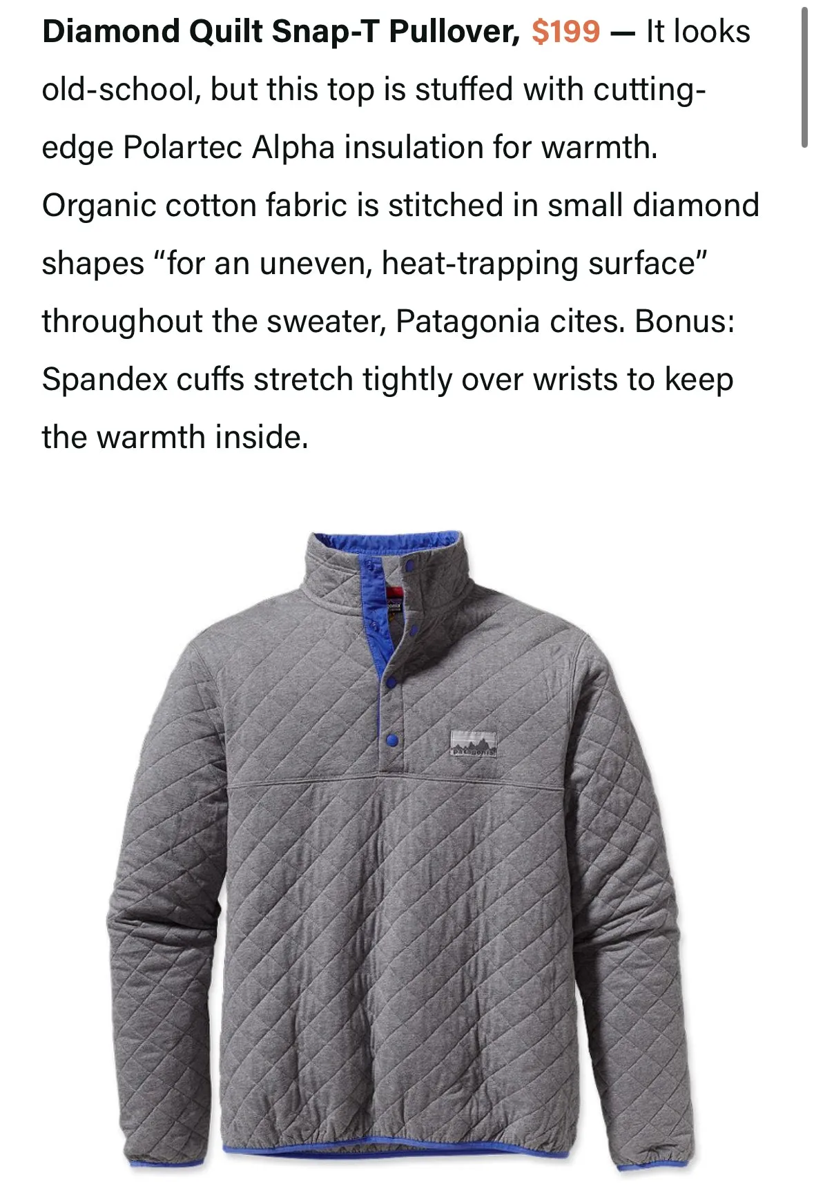 Patagonia 40th Anniversary Diamond Quilt Snap-T Pullover (mens M)