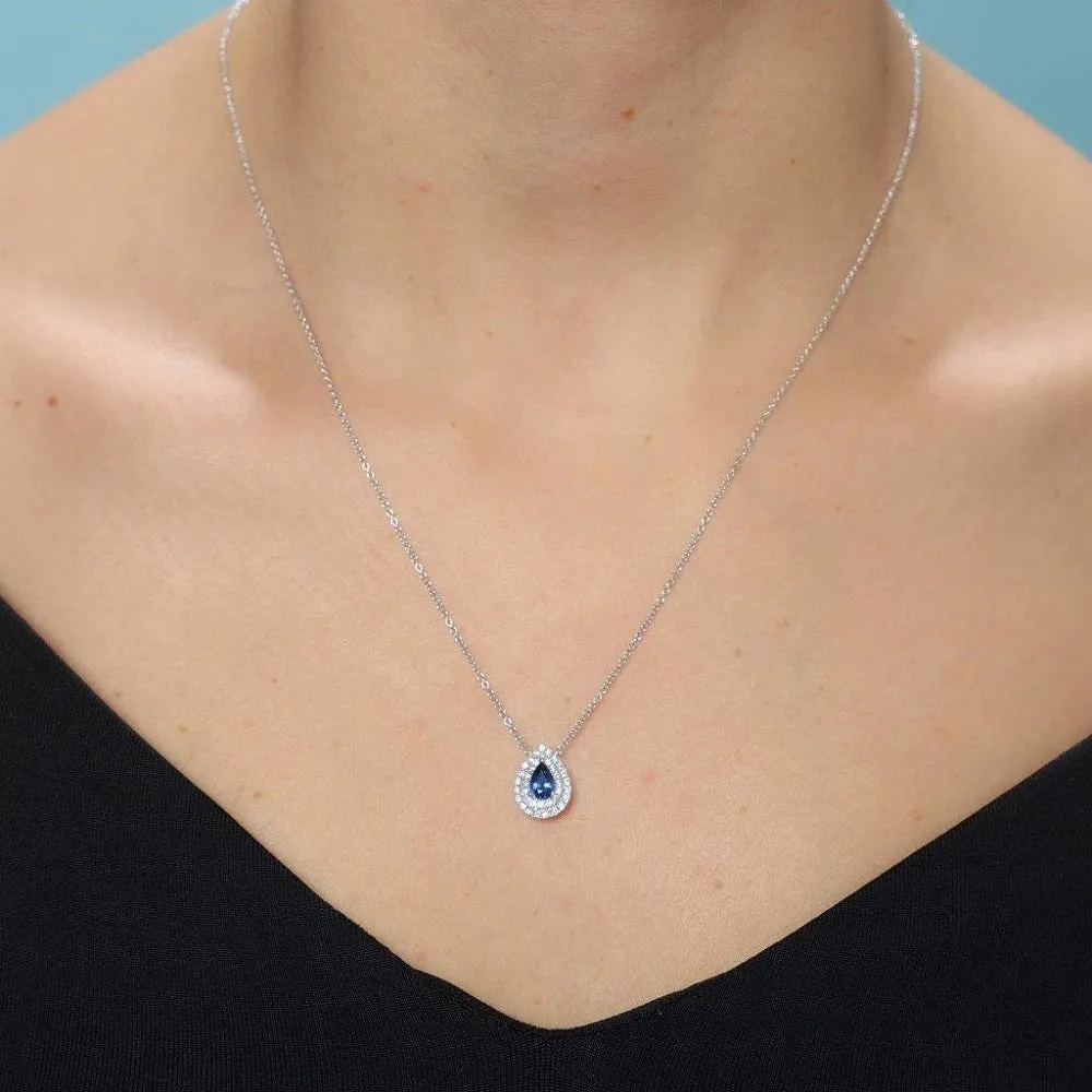 Pear Shape Blue Sapphire With Diamond Halo Necklace (0.73 ct.) in 18K Gold