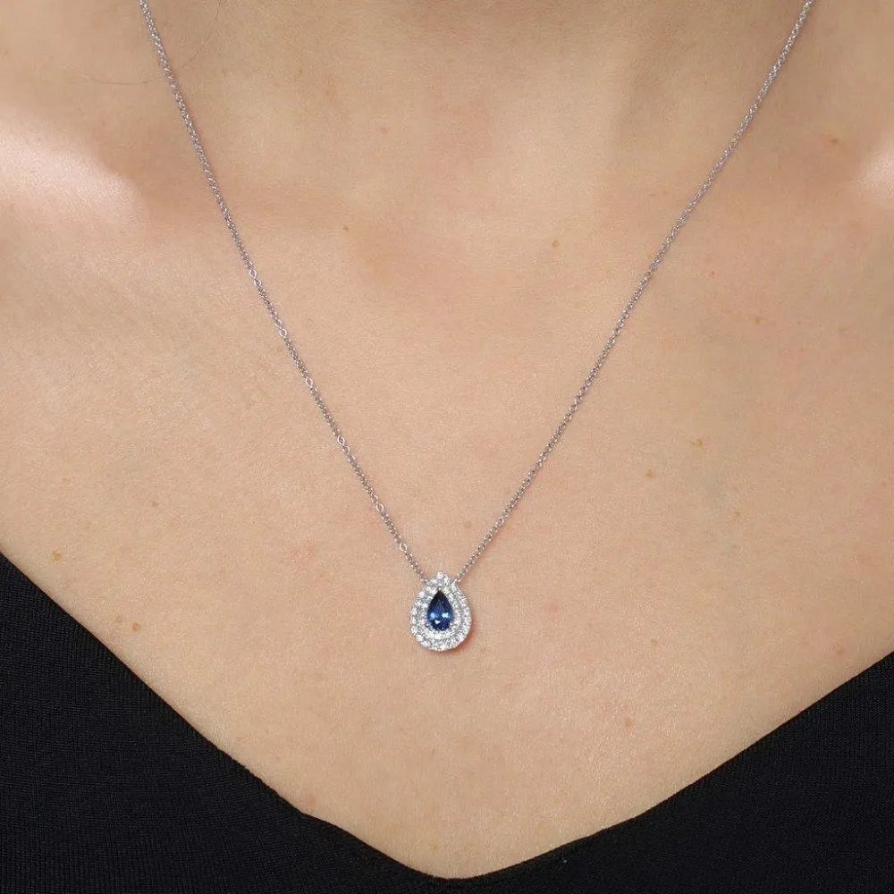 Pear Shape Blue Sapphire With Diamond Halo Necklace (0.73 ct.) in 18K Gold