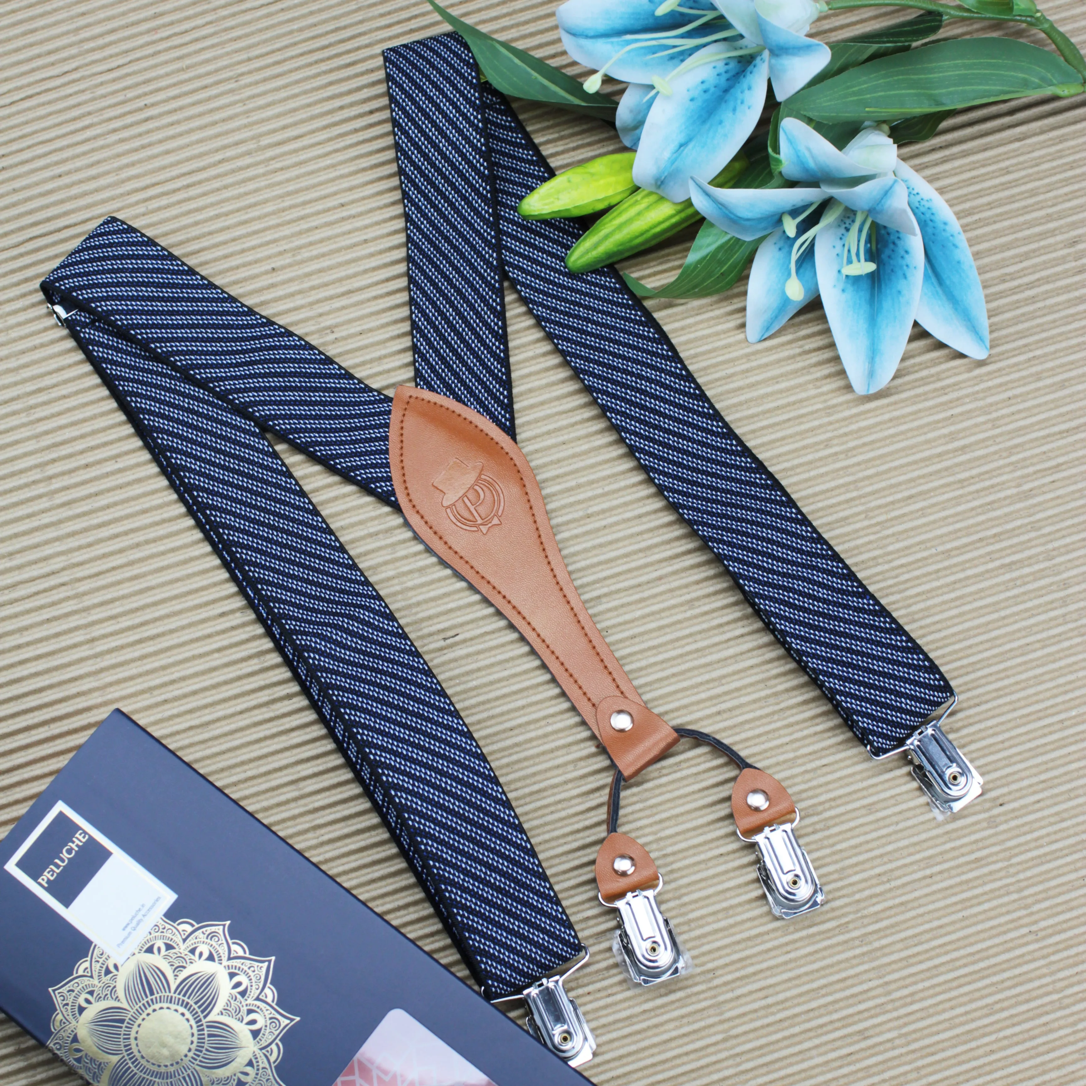 Peluche Eloquent Striped Blue "Y Back" 4 Clips Suspender (Strap Width- 3.5cm)