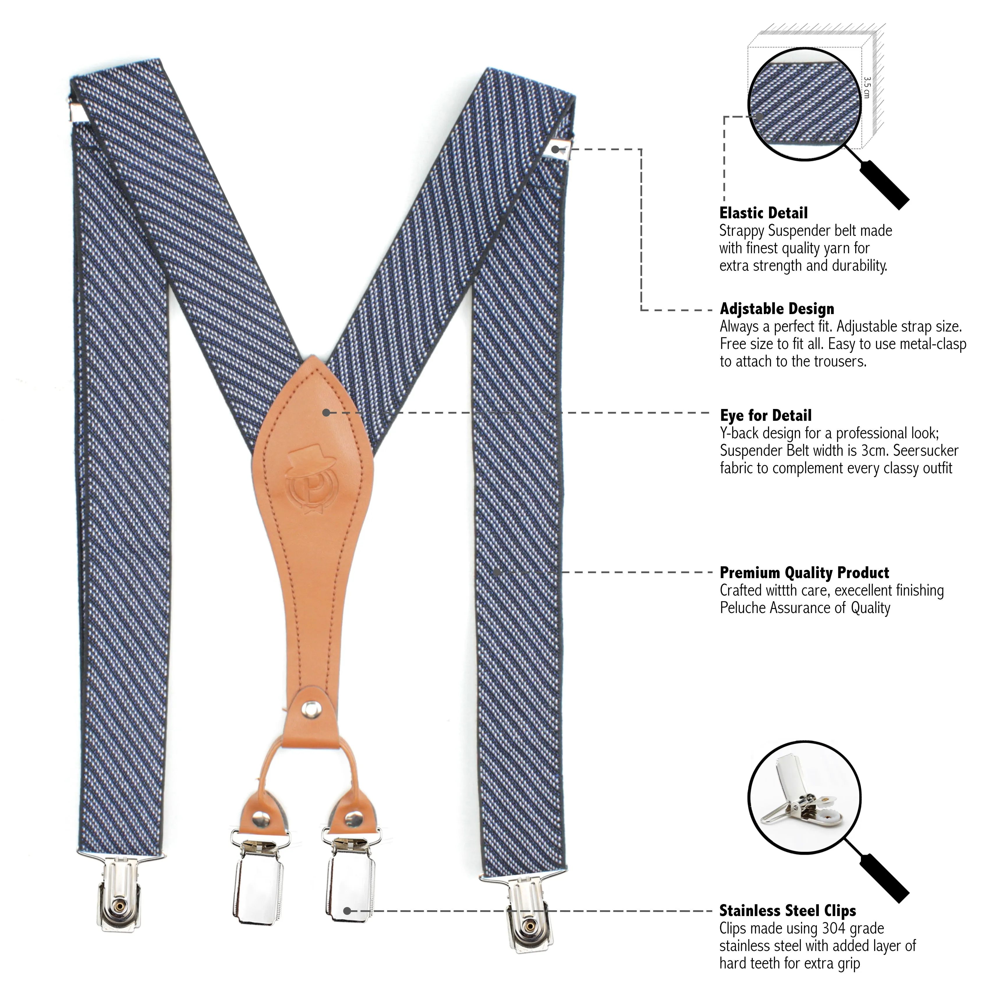 Peluche Eloquent Striped Blue "Y Back" 4 Clips Suspender (Strap Width- 3.5cm)