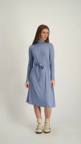 Ribbed Turtleneck Dress With Belt / Blue