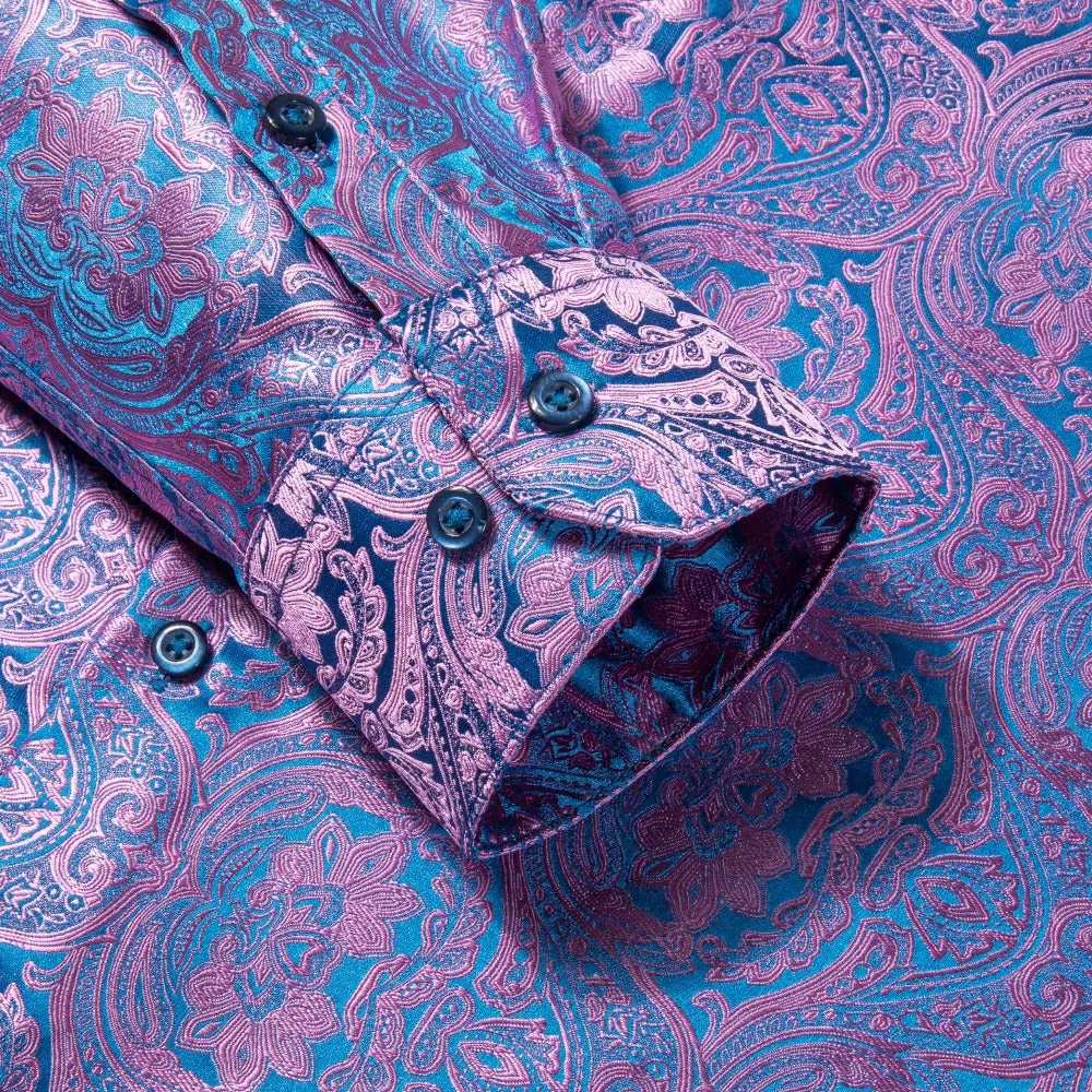 Shining Purple Blue Paisley Silk Men's Shirt