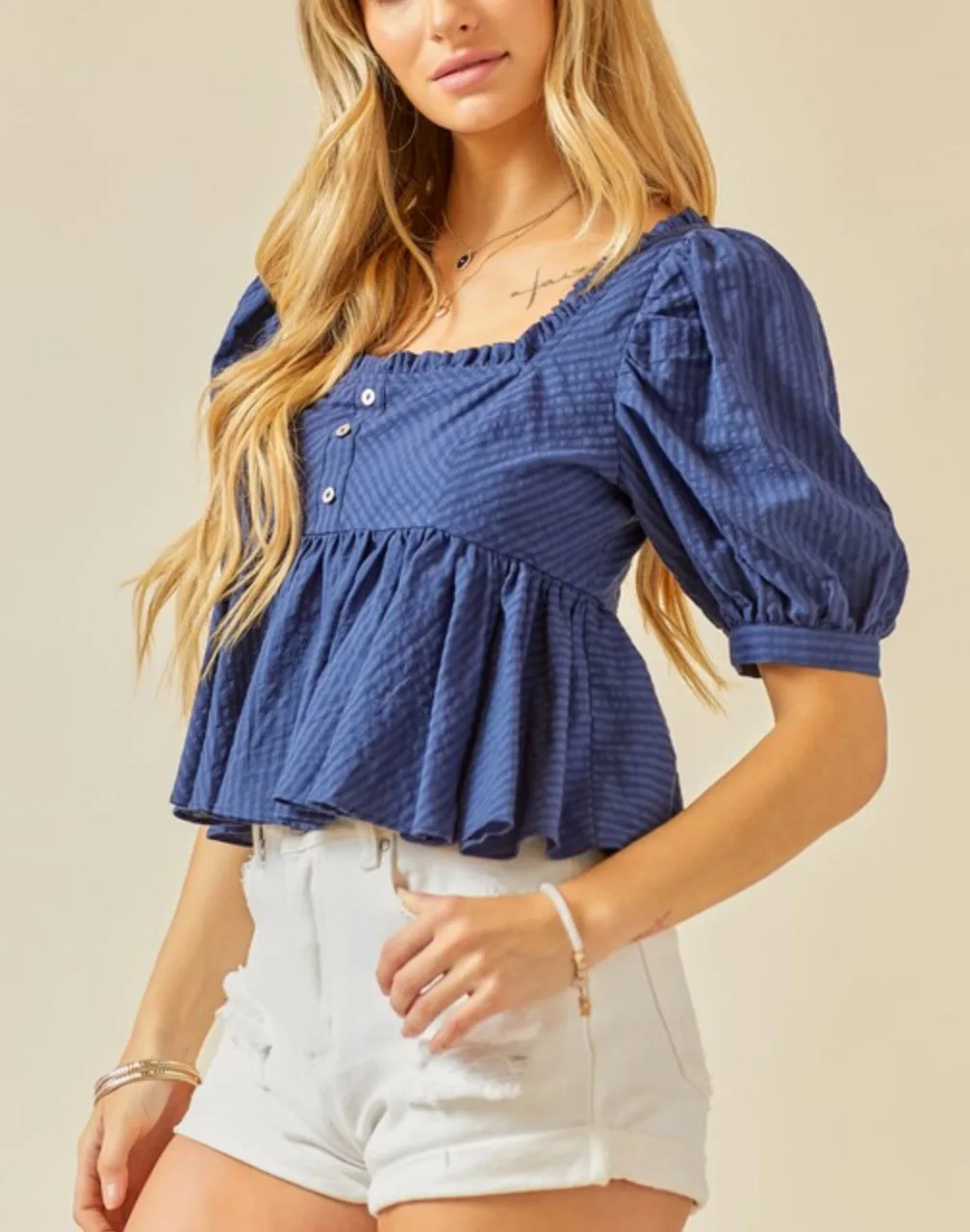 Short sleeve babydoll navy blue top