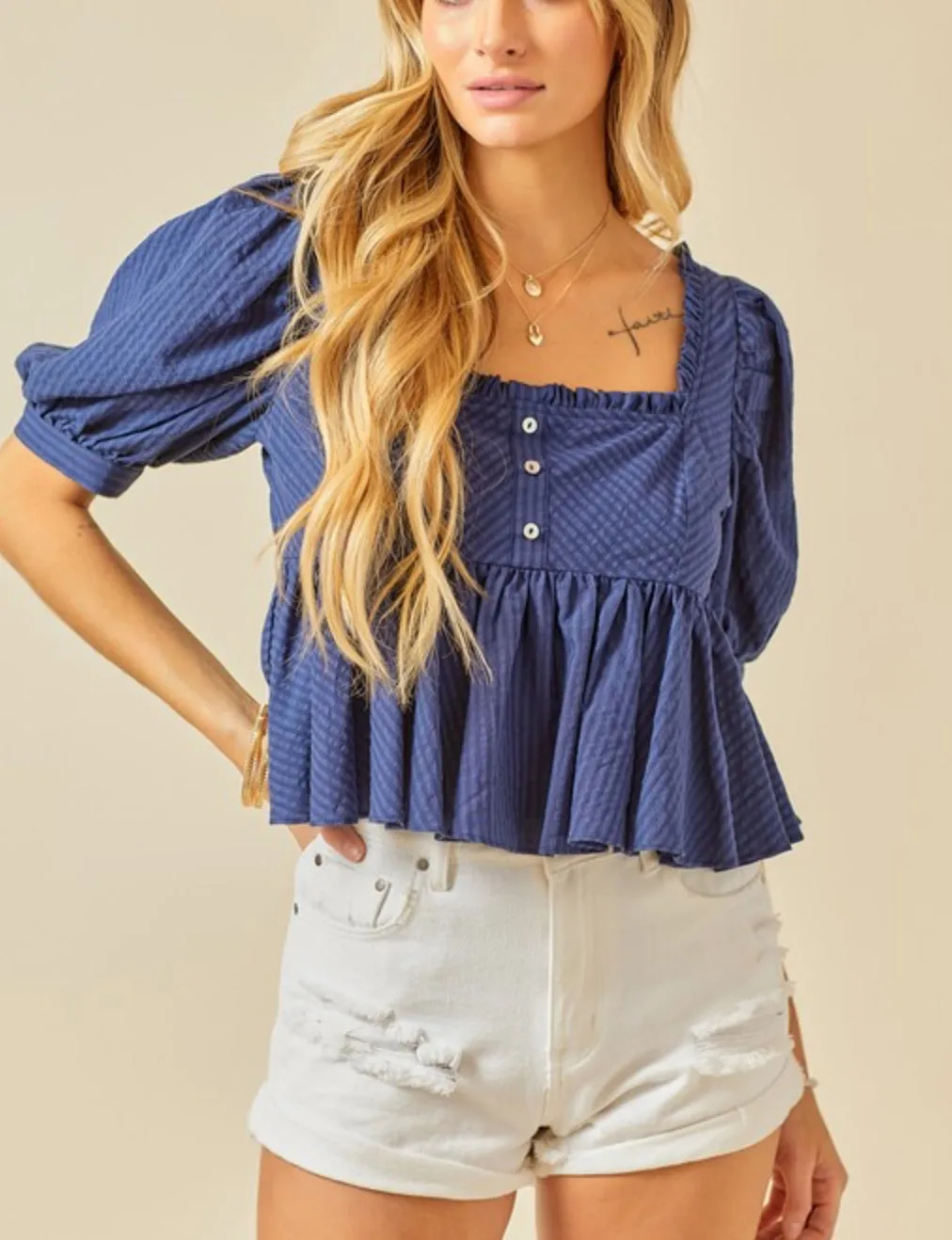 Short sleeve babydoll navy blue top