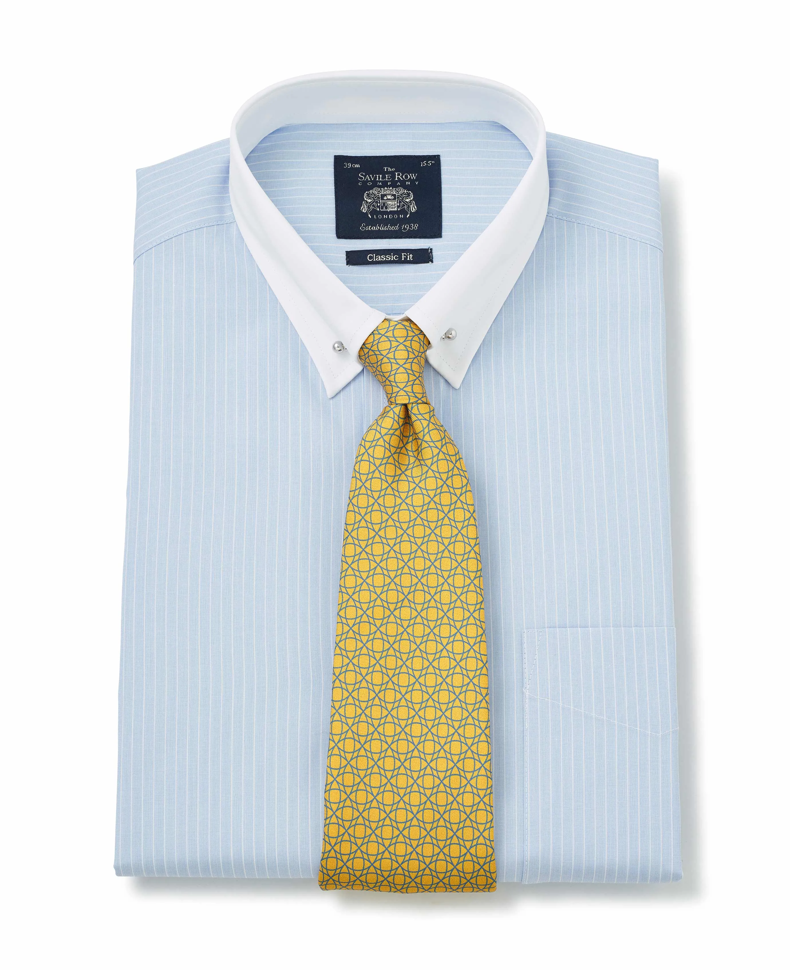 Sky Blue White Stripe Classic Fit Pin Collar Formal Shirt With White Collar & Cuffs - Double Cuff