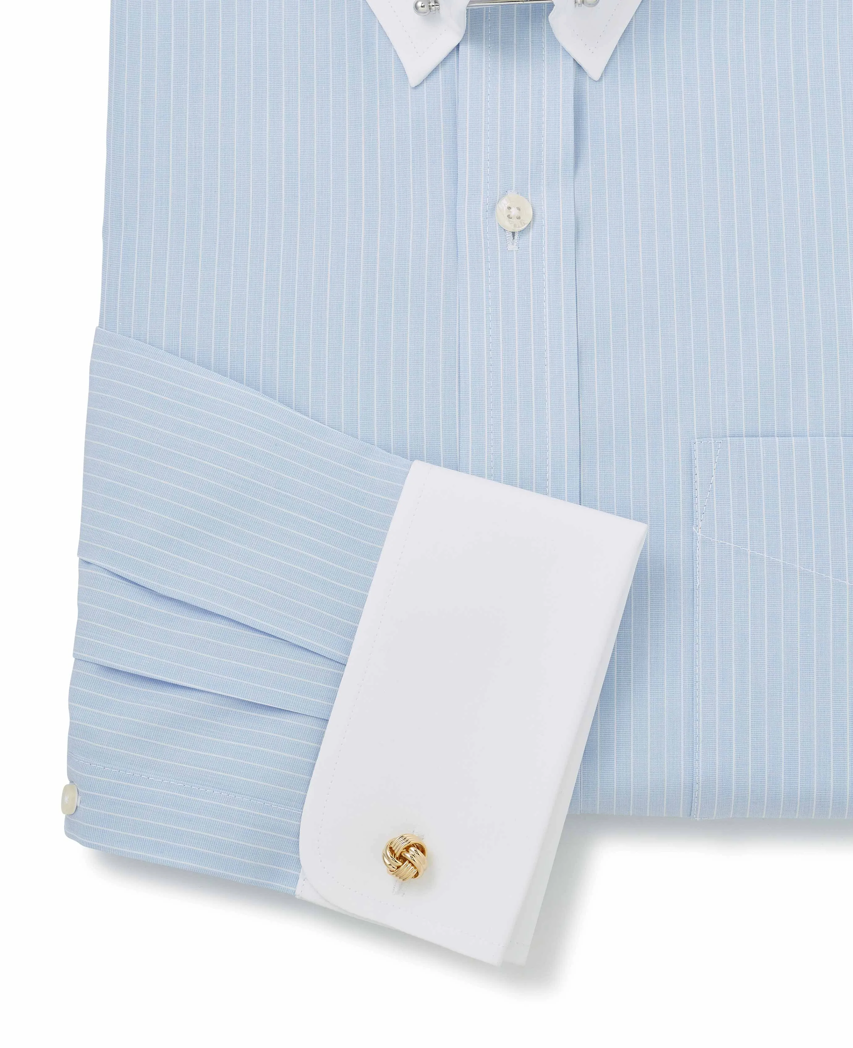 Sky Blue White Stripe Classic Fit Pin Collar Formal Shirt With White Collar & Cuffs - Double Cuff