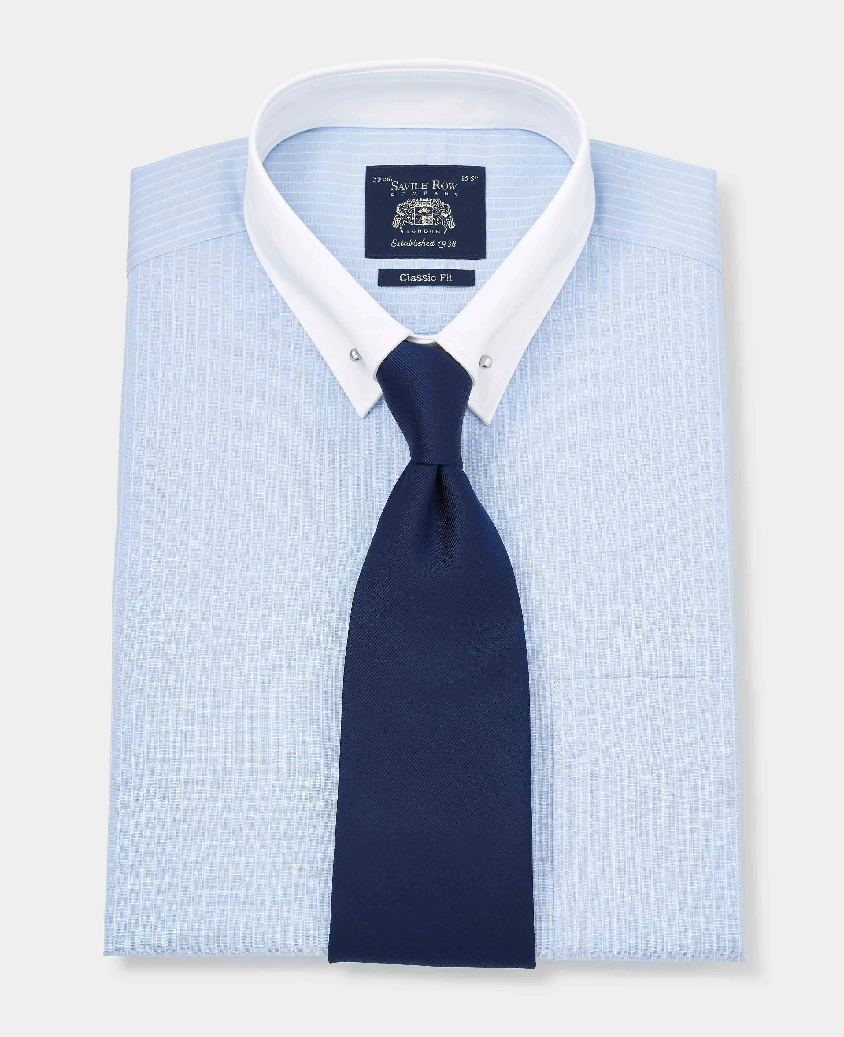 Sky Blue White Stripe Classic Fit Pin Collar Formal Shirt With White Collar & Cuffs - Double Cuff