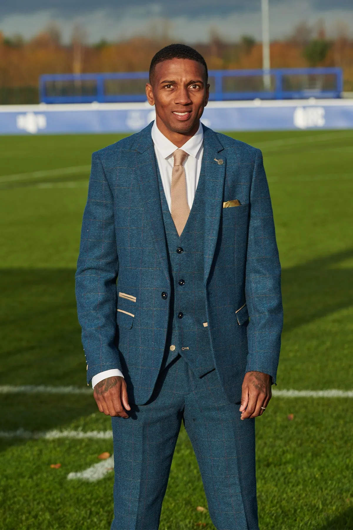 The Everton Collection | Ashley Young In DION Blue Tweed Check Suit