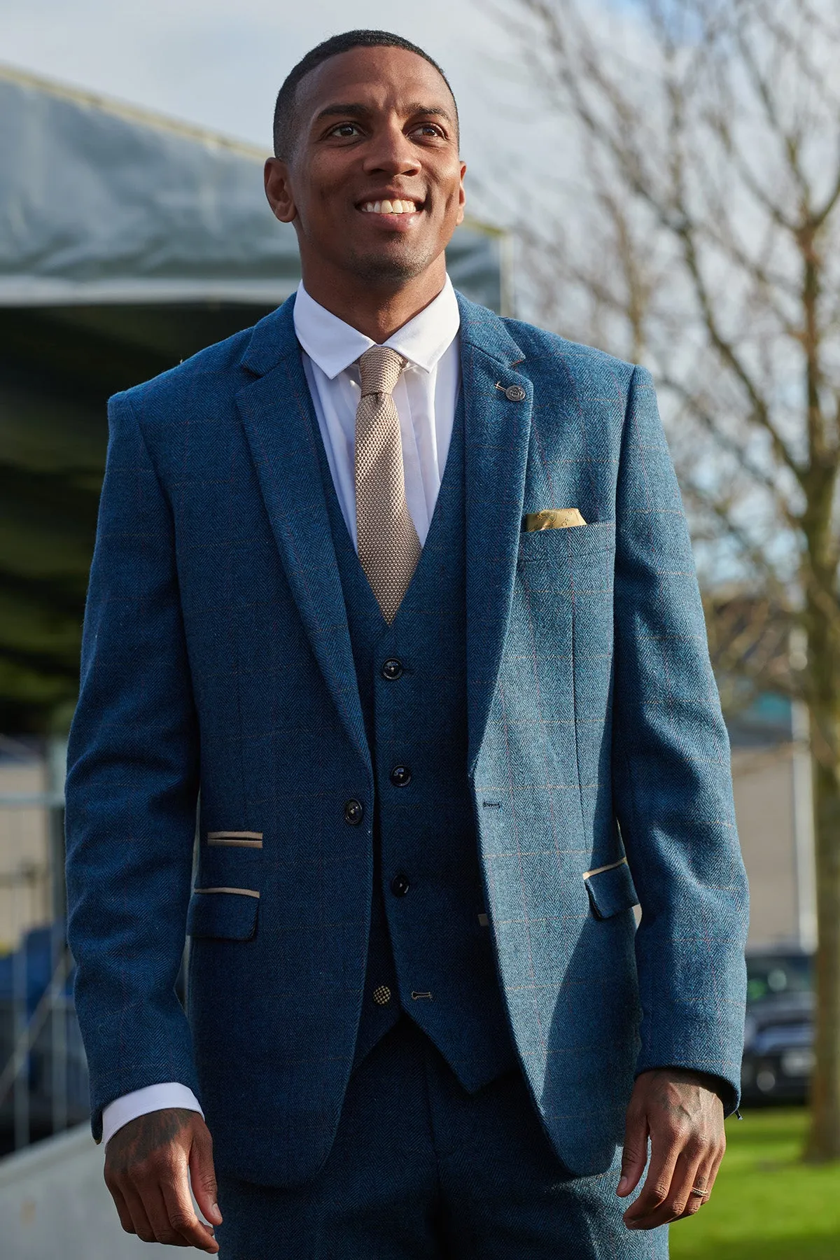 The Everton Collection | Ashley Young In DION Blue Tweed Check Suit