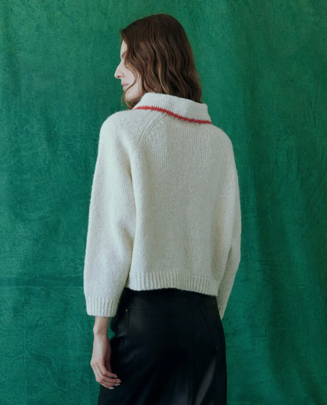 The Great - Crochet Collar Pullover Sweater in Soft White W/ Cherry