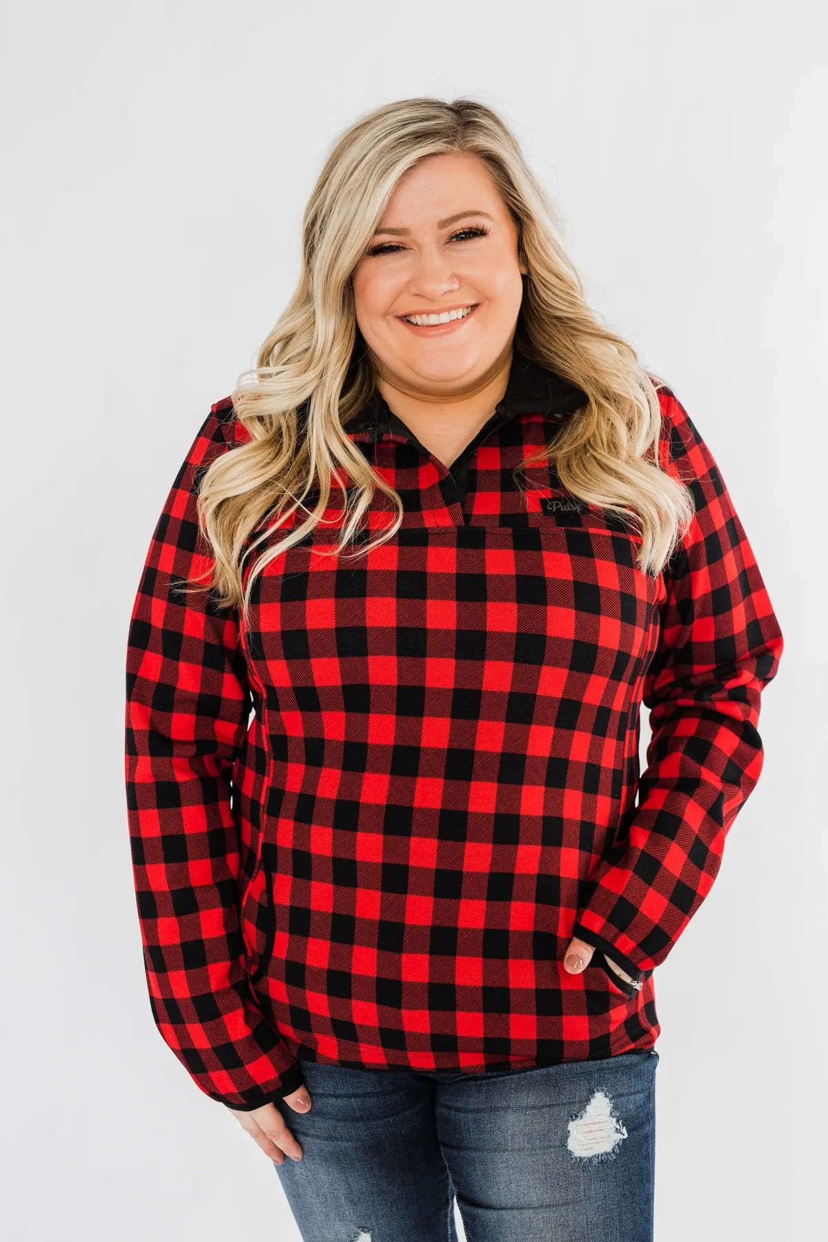 'Tis The Season 1/4 Button Pullover- Buffalo Plaid