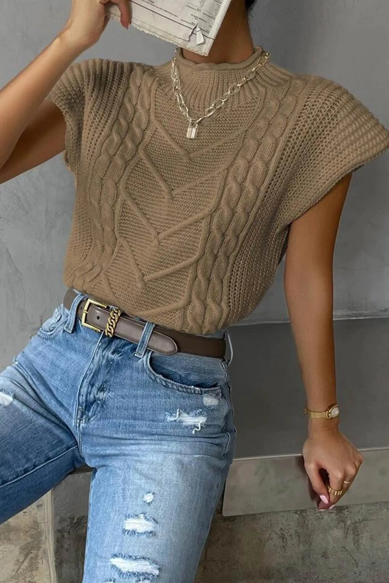 Turtleneck Cable Knit Sweater Vest