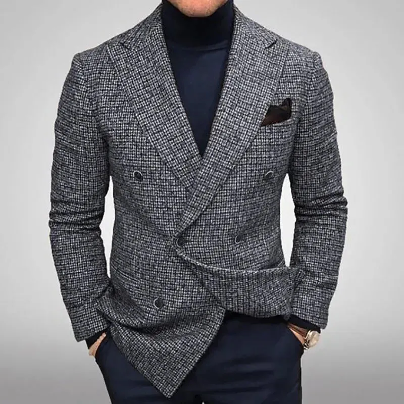 Wiaofellas  -  Spring Autumn Elegant Men's Jackets Knit Casual Business Men Blazer Slim Fit Fashion Versatile Checkered Long Sleeves Suit Coat