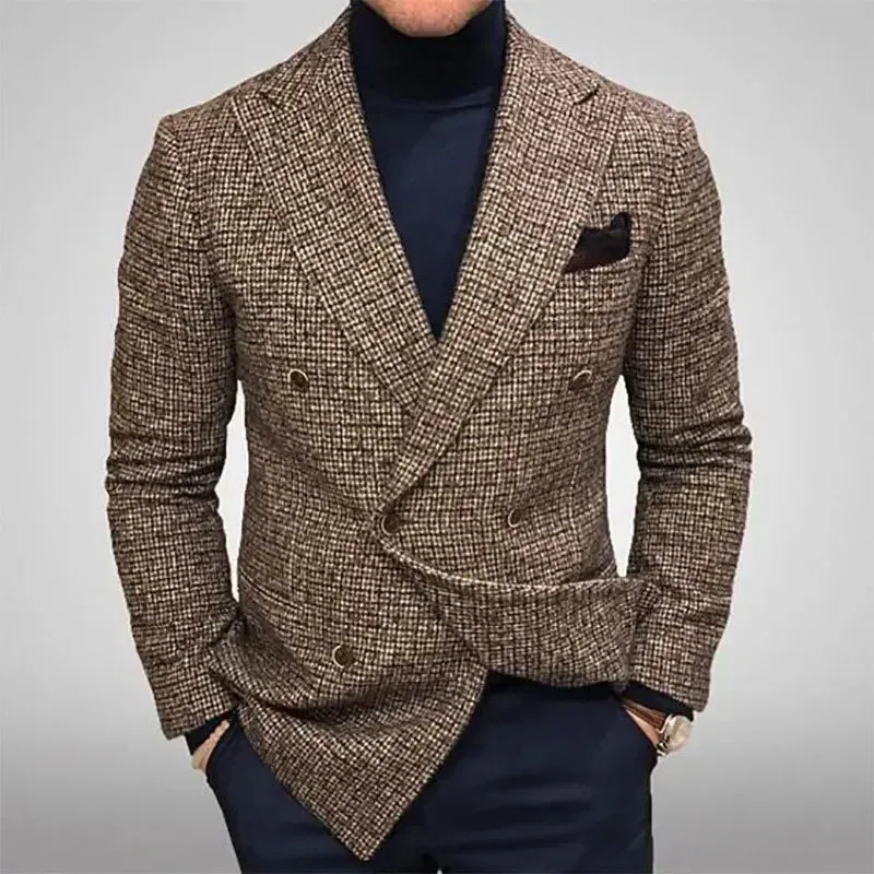 Wiaofellas  -  Spring Autumn Elegant Men's Jackets Knit Casual Business Men Blazer Slim Fit Fashion Versatile Checkered Long Sleeves Suit Coat