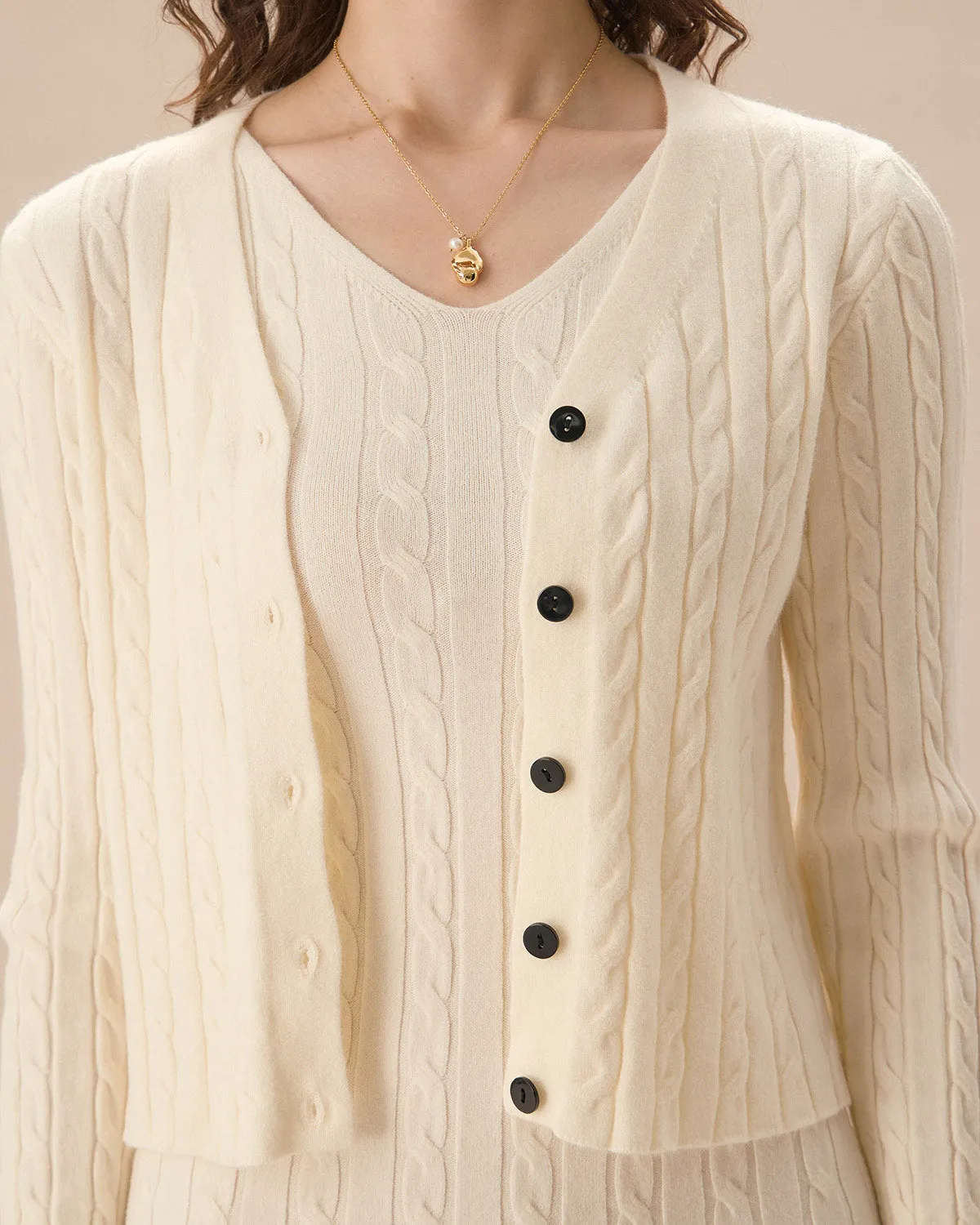 Women's Beige Ribbed Knit Single-breasted Cardigan