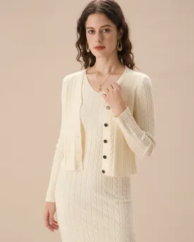 Women's Beige Ribbed Knit Single-breasted Cardigan